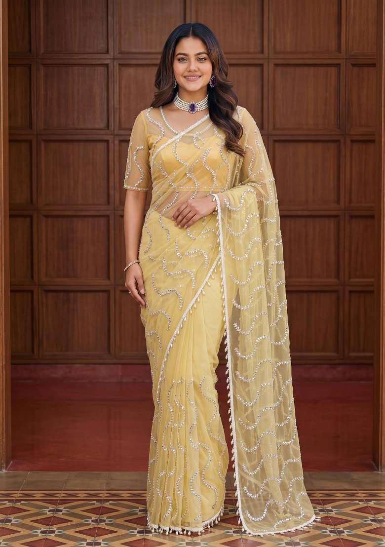 Cream Sequin Work Net Saree Set for Diwali and Festive Wear - Indya
