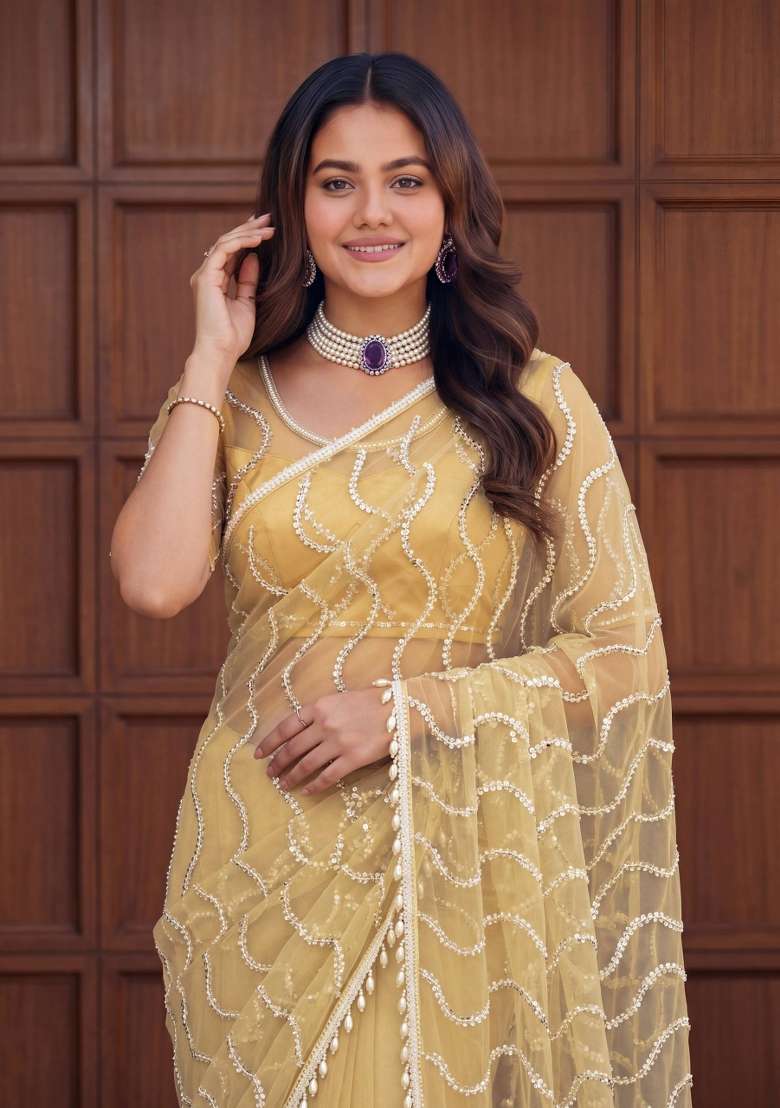 Cream Sequin Work Net Saree Set for Diwali and Festive Wear - Indya