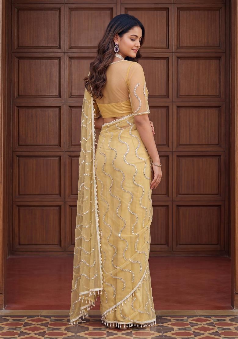 Cream Sequin Work Net Saree Set - Indya