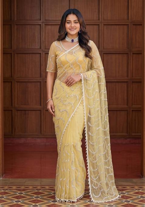 Cream Sequin Work Net Saree Set for Diwali and Festive Wear