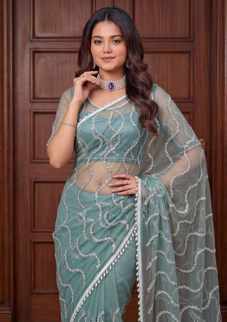Sea Green Sequin Work Net Saree Set for Diwali and Festive Wear - Indya