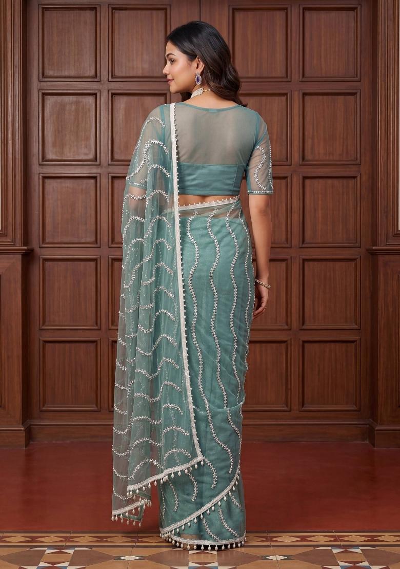Sea Green Sequin Work Net Saree Set - Indya