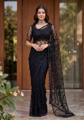 Black Sequin Work Net Saree Set