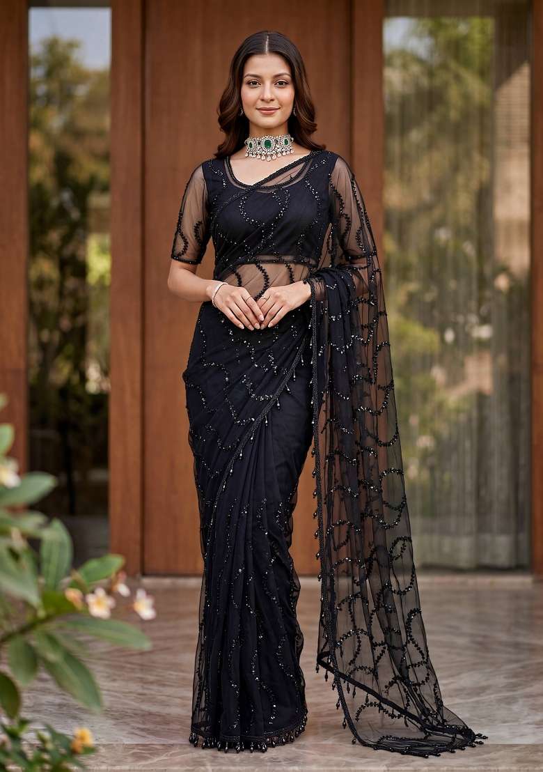Black Work Net Saree Set with Sequin for Diwali | Wedding & Festive Wear - Indya