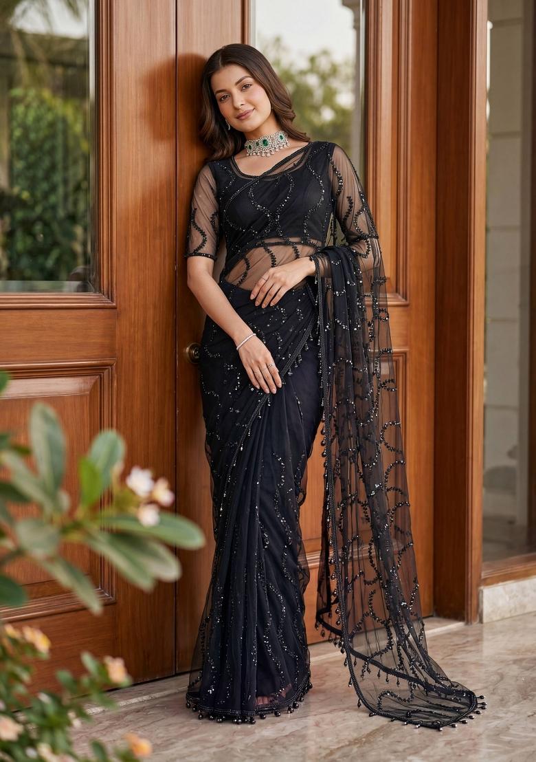 Black Sequin Work Net Saree Set - Indya