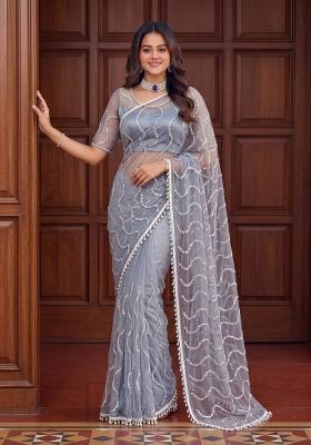 Grey Sequin Work Net Saree Set