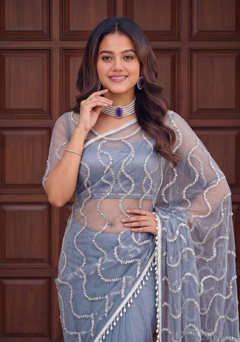 Grey Sequin Work Net Saree Set for Diwali and Festive Wear - Indya