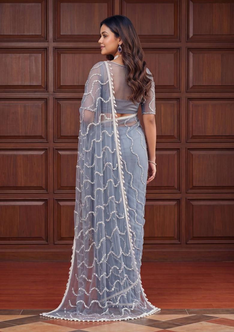 Grey Sequin Work Net Saree Set - Indya