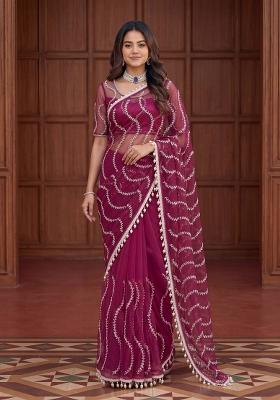 Wine Sequin Work Net Saree Set