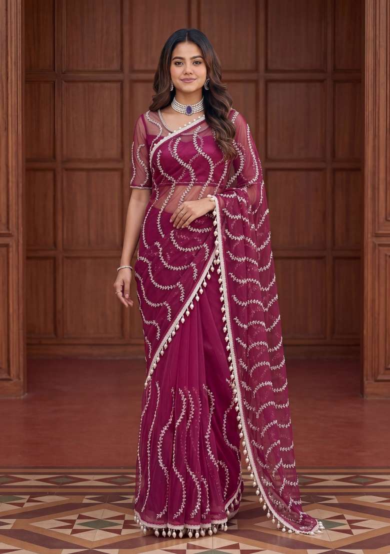 Wine Work Net Saree Set with Sequin for Diwali | Wedding & Festive Wear - Indya