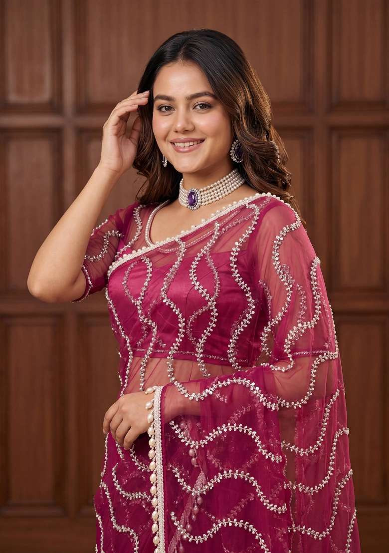 Wine Work Net Saree Set with Sequin for Diwali | Wedding & Festive Wear - Indya