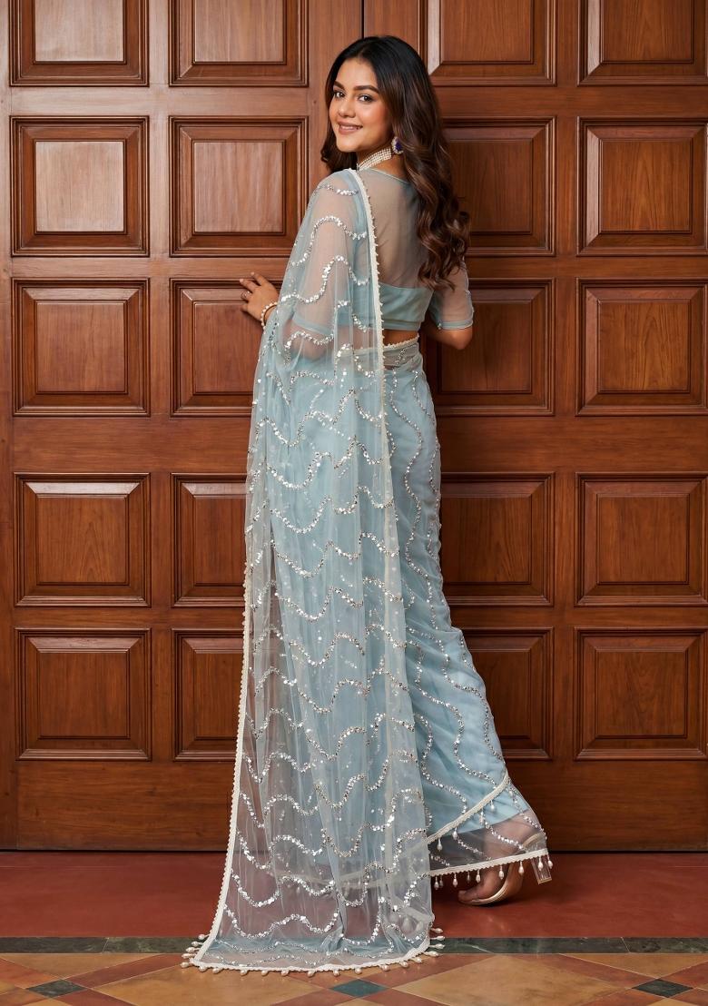 Aqua Blue Sequin Work Net Saree Set - Indya