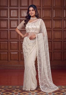 Off White Sequin Work Net Saree Set