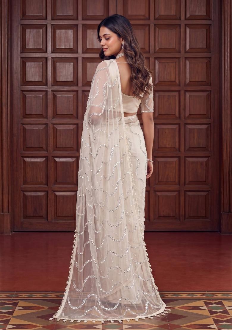 Off White Sequin Work Net Saree Set - Indya
