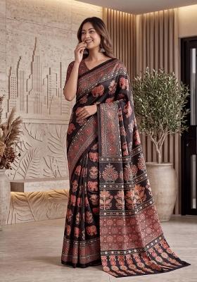 Black Printed Silk Saree Set