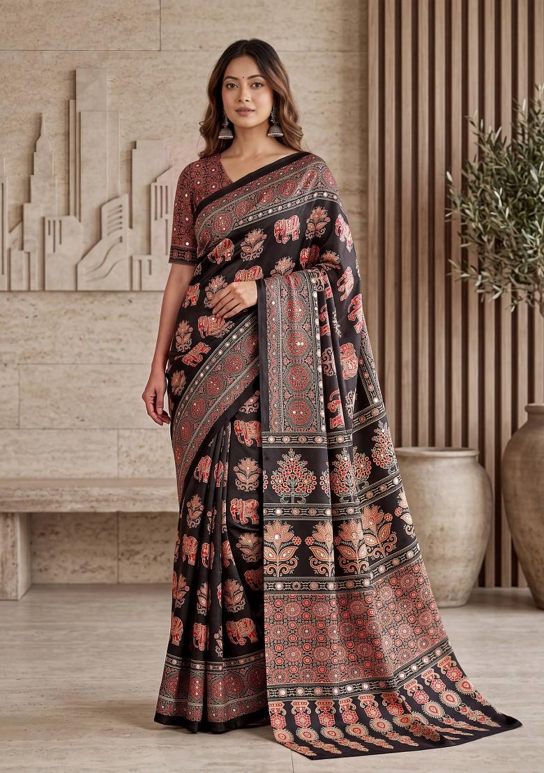 Black Printed Silk Saree Set - Indya