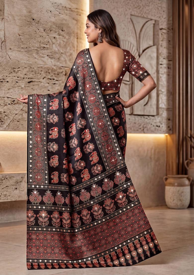 Black Printed Silk Saree Set - Indya