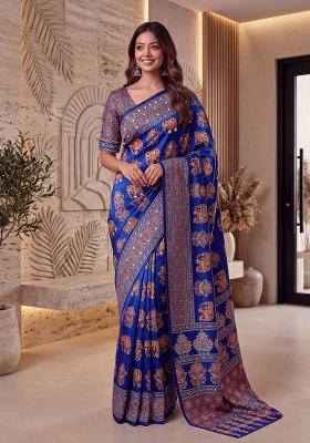 Blue Printed Silk Saree Set
