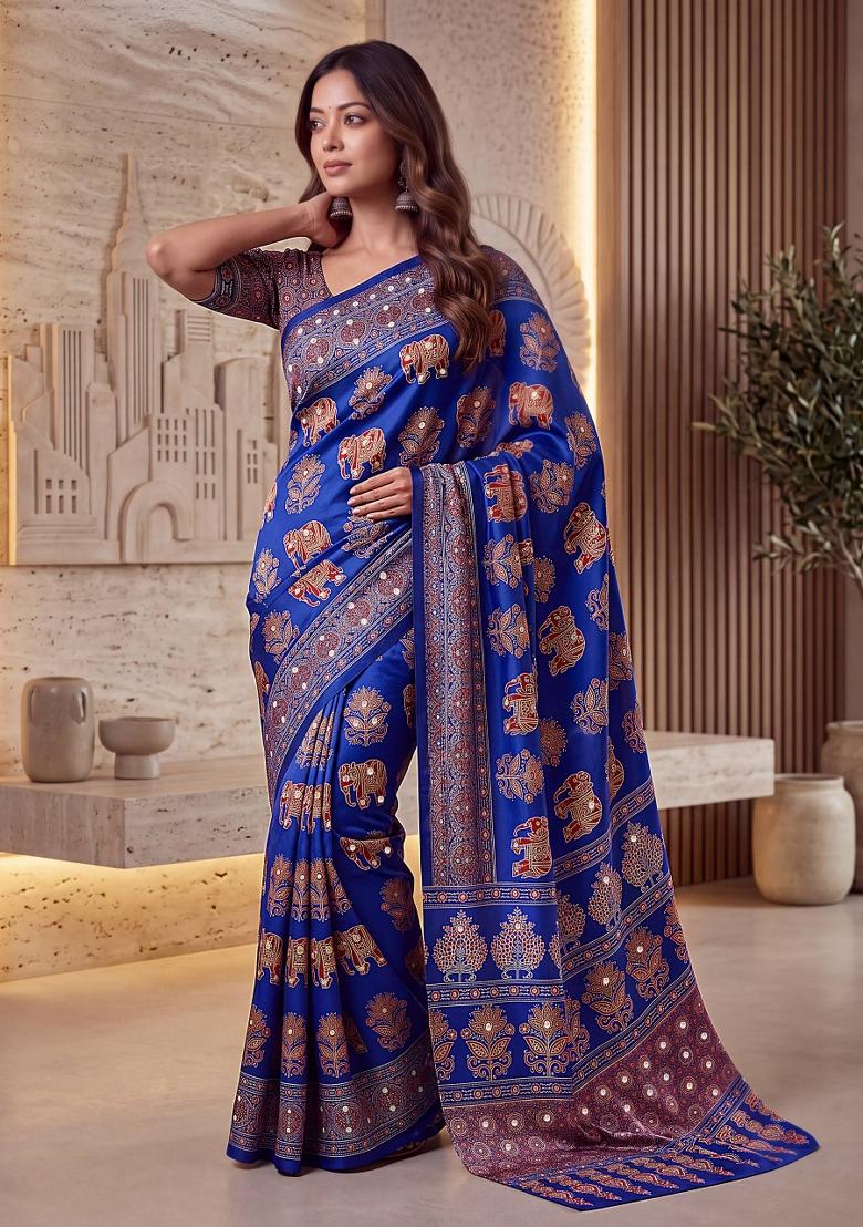 Blue Printed Silk Saree Set - Indya