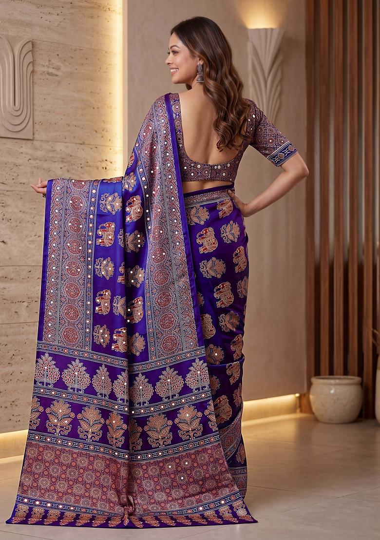 Blue Printed Silk Saree Set - Indya