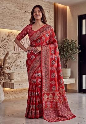 Red Printed Silk Saree Set