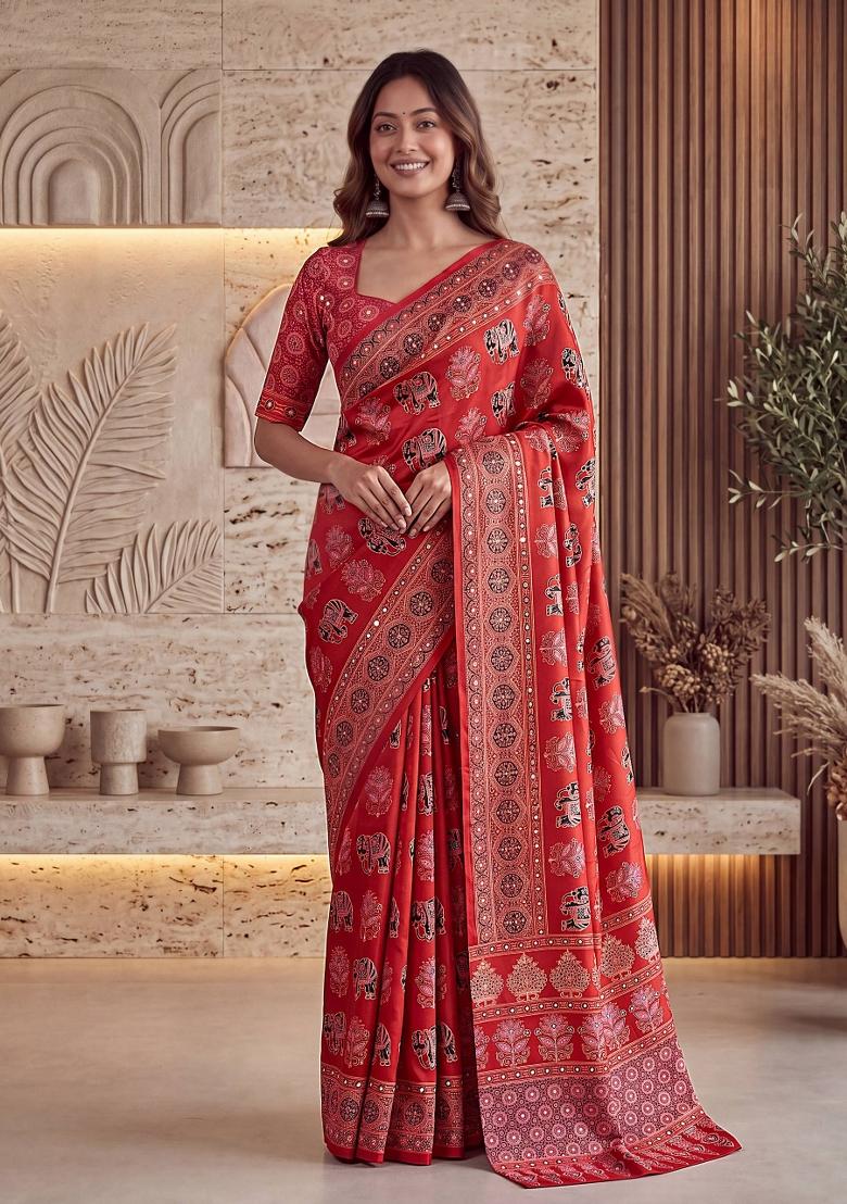 Red Printed Silk Saree Set - Indya
