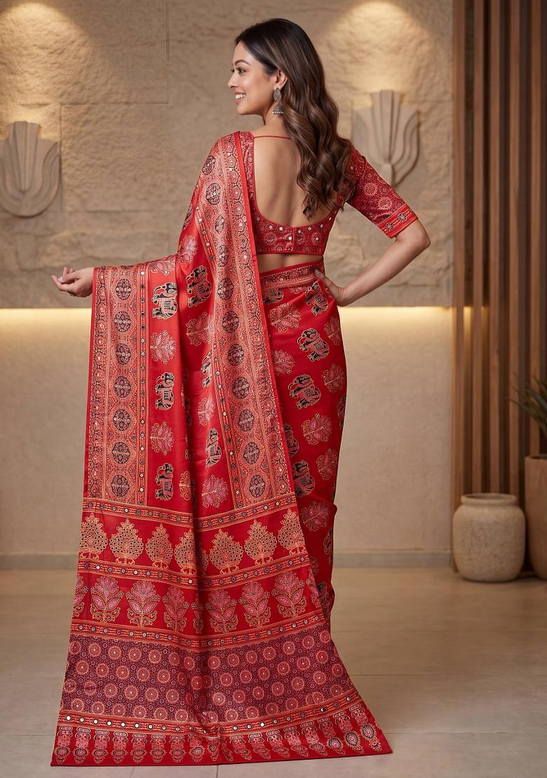 Red Printed Silk Saree Set - Indya
