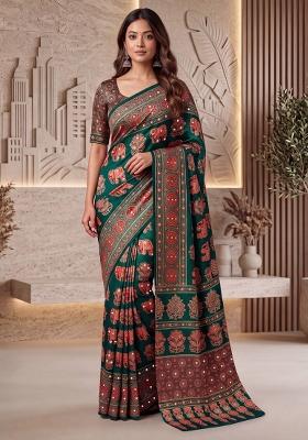 Green Printed Silk Saree Set