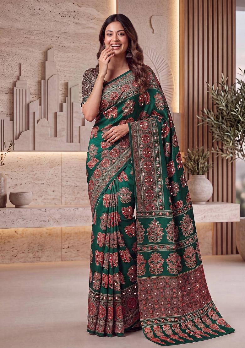 Green Printed Silk Saree Set - Indya