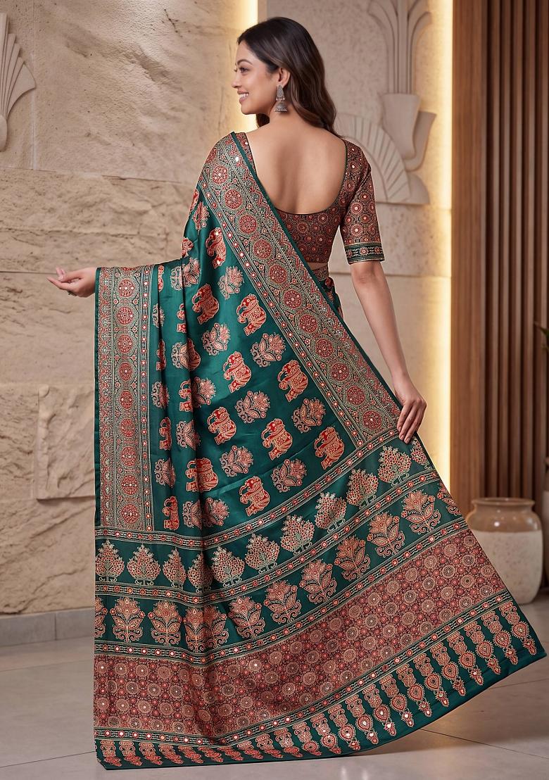 Green Printed Silk Saree Set - Indya