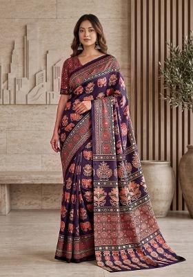 Wine Printed Silk Saree Set