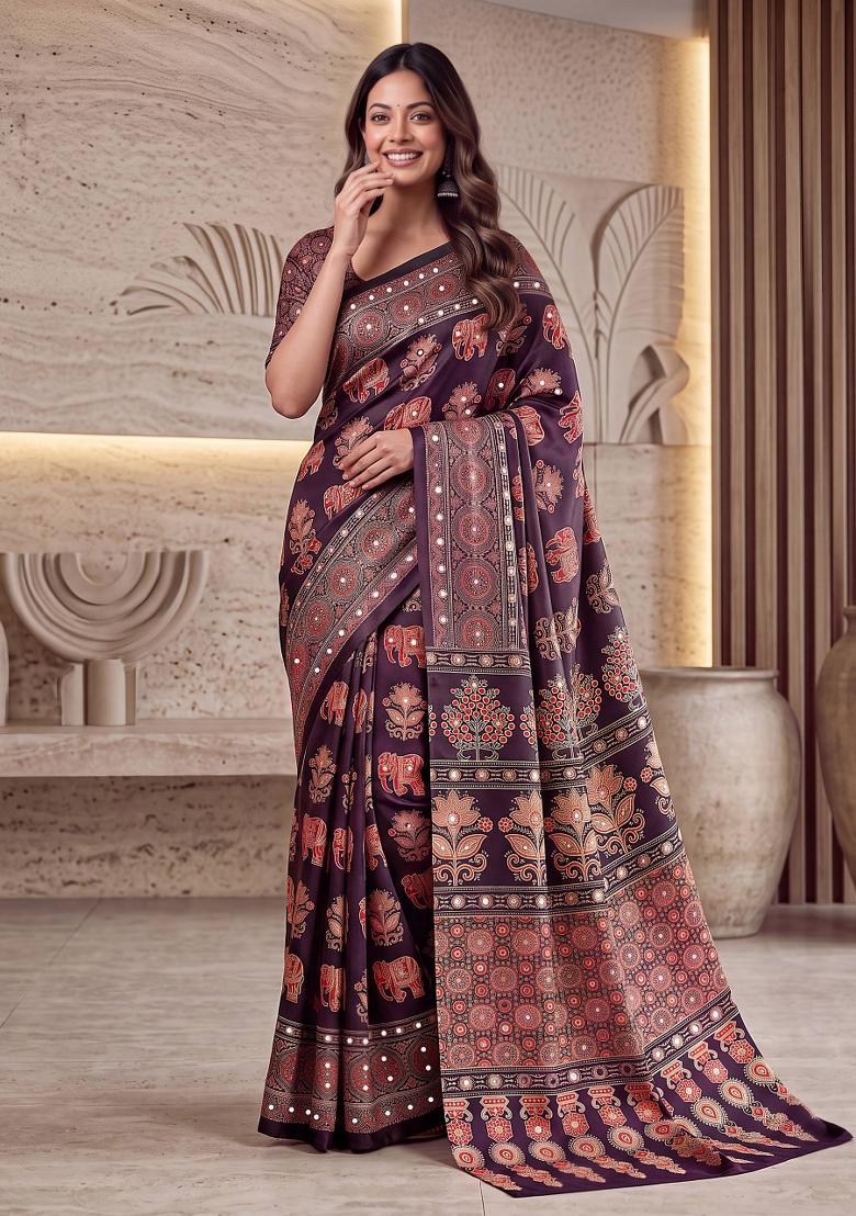 Wine Printed Silk Saree Set - Indya
