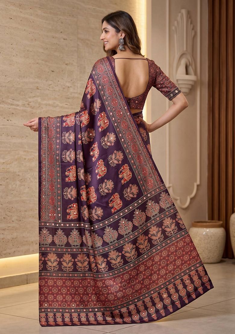 Wine Printed Silk Saree Set - Indya
