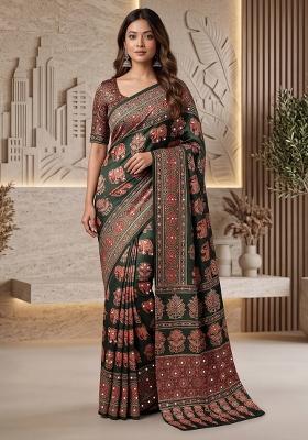 Dark Green Printed Silk Saree Set