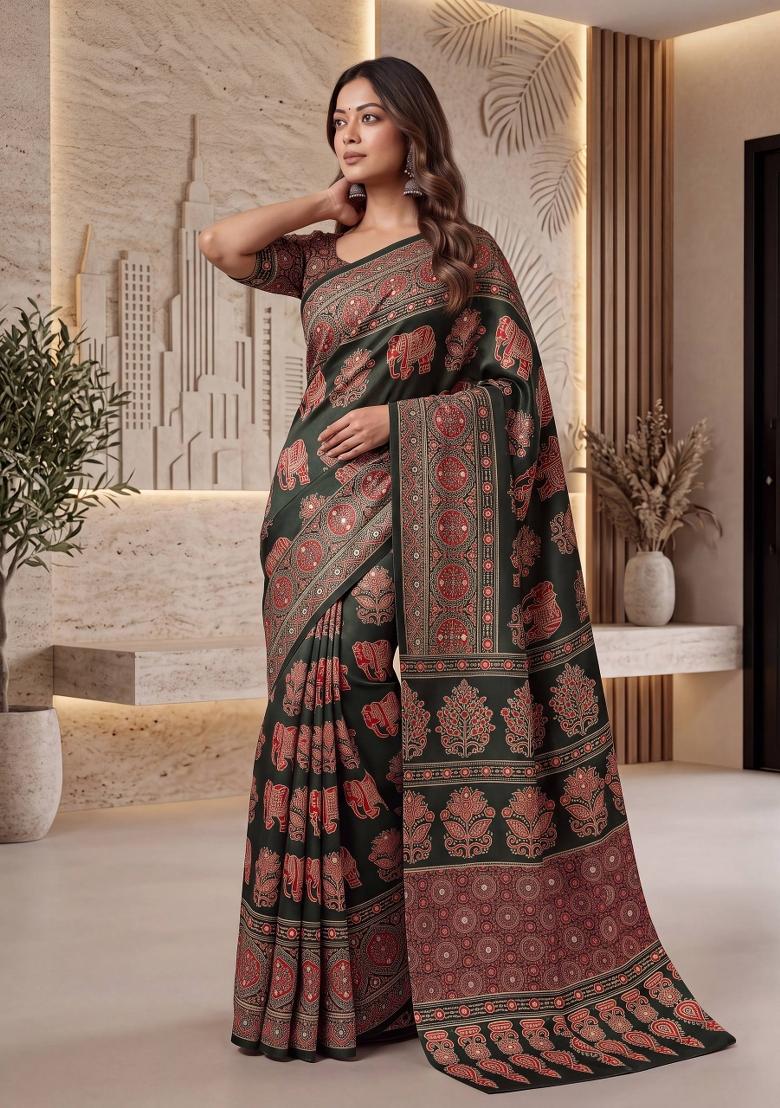 Dark Green Printed Silk Saree Set - Indya
