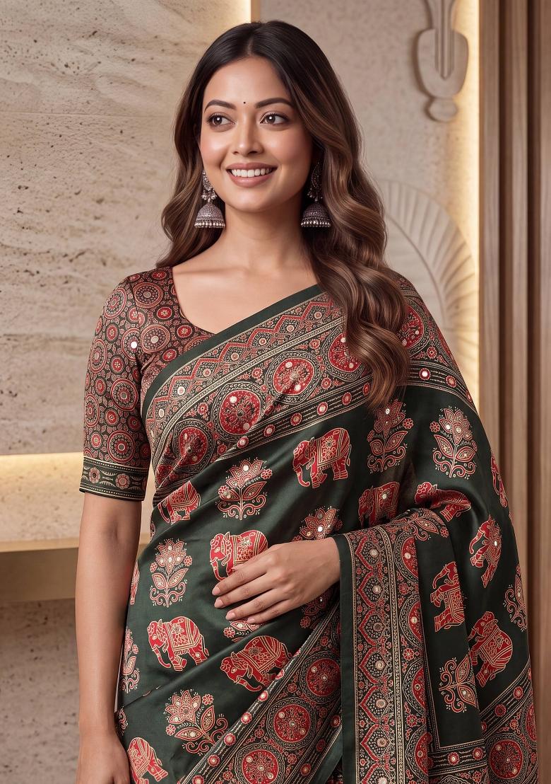 Dark Green Printed Silk Saree Set - Indya