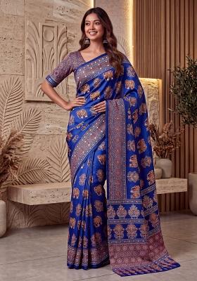 Royal Blue Printed Silk Saree Set