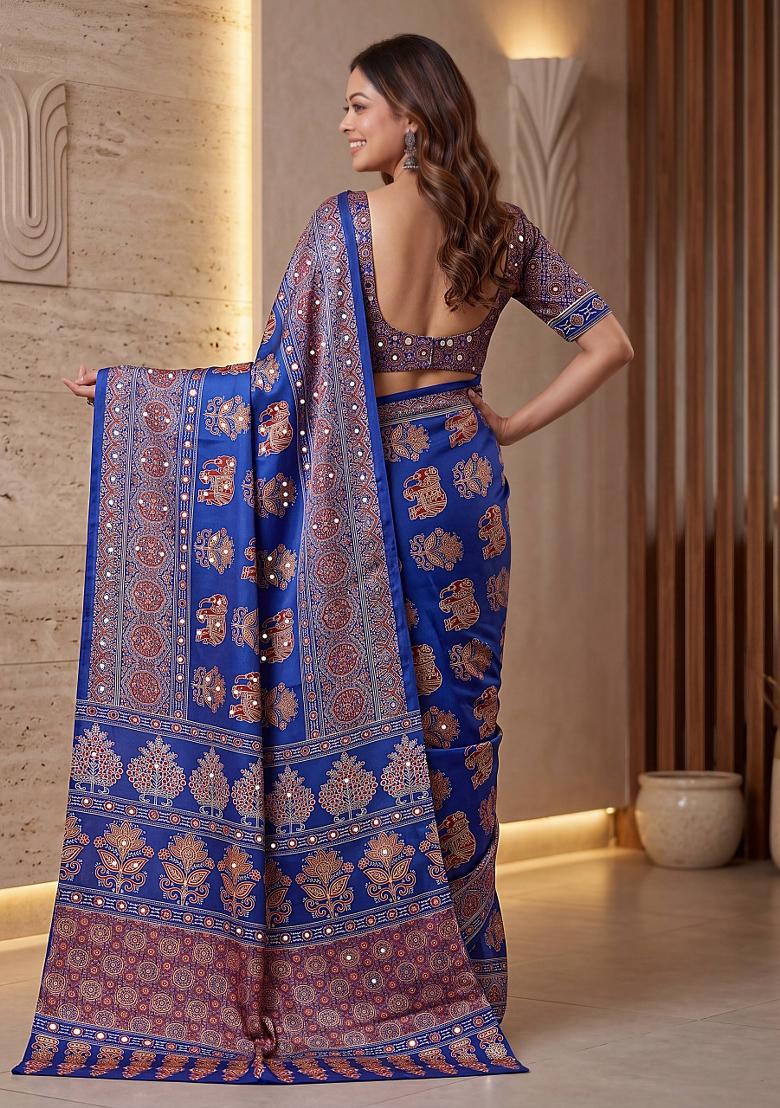 Royal Blue Printed Silk Saree Set - Indya
