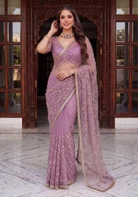 Mauve Sequin Work Net Saree Set