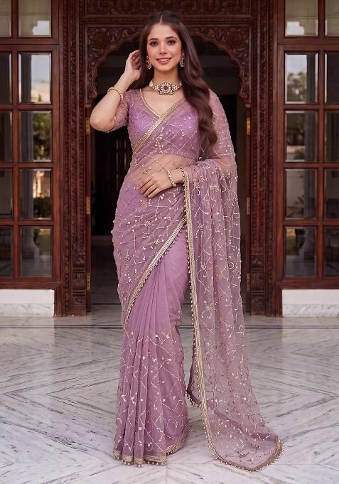 Mauve Work Net Saree Set with Sequin for Diwali | Wedding & Festive Wear