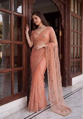 Peach Sequin Work Net Saree Set