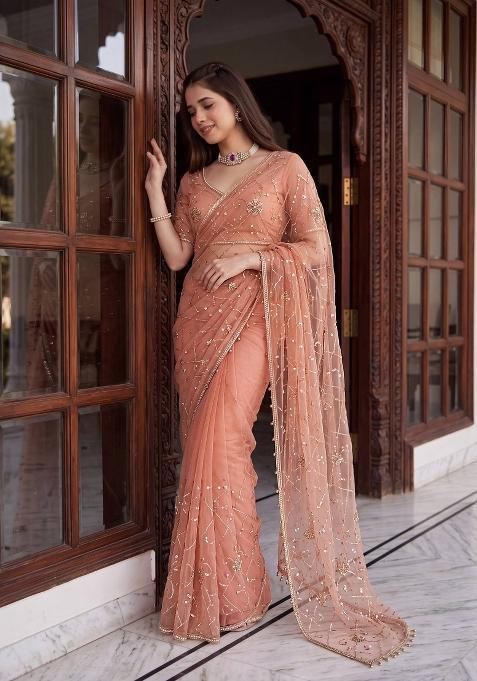 Peach Sequin Work Net Saree Set for Diwali and Festive Wear