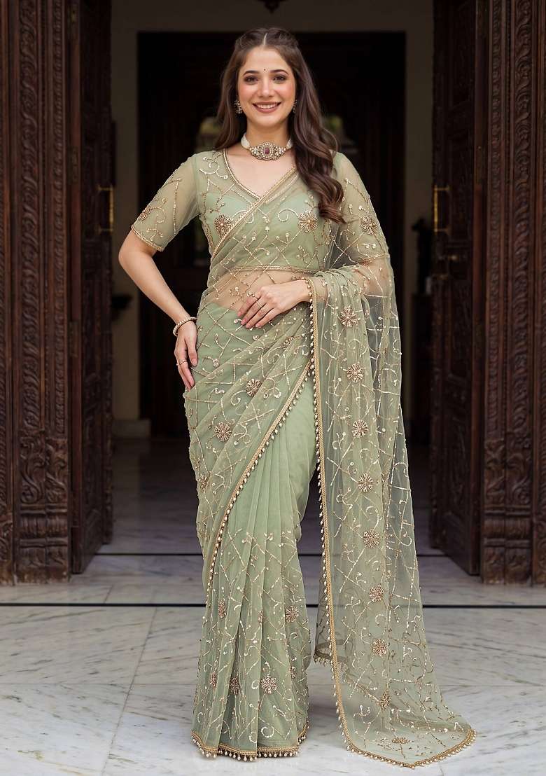 Sea Green Work Net Saree Set with Sequin for Diwali | Wedding & Festive Wear - Indya