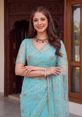 Sky Blue Sequin Work Net Saree Set