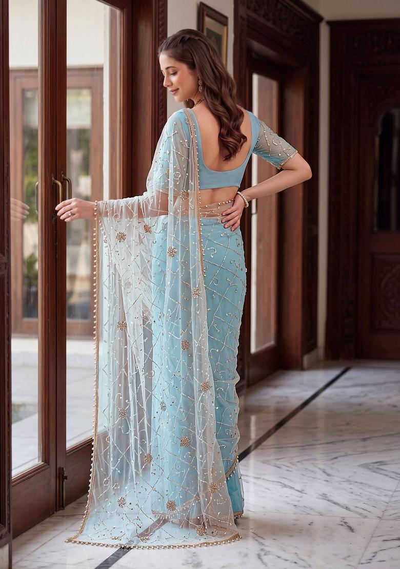 Sky Blue Sequin Work Net Saree Set - Indya