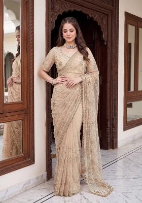Beige Sequin Work Net Saree Set