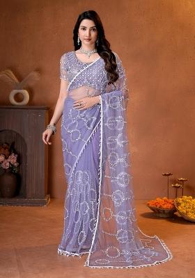 Lavender Sequin Work Net Saree Set