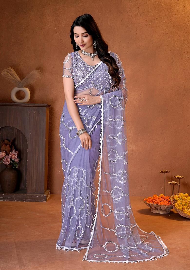 Lavender Sequin Work Net Saree Set - Indya