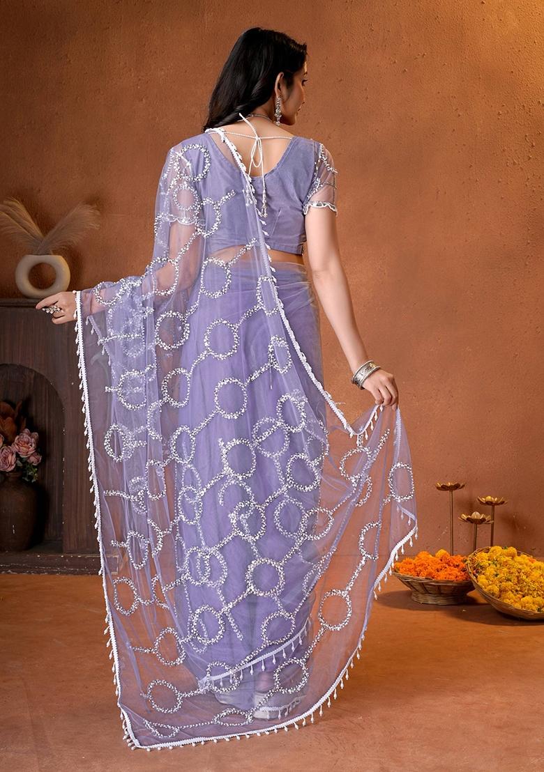Lavender Sequin Work Net Saree Set - Indya