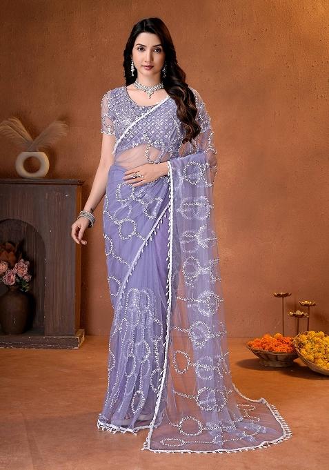 Lavender Work Net Saree Set with Sequin for Diwali | Wedding & Festive Wear